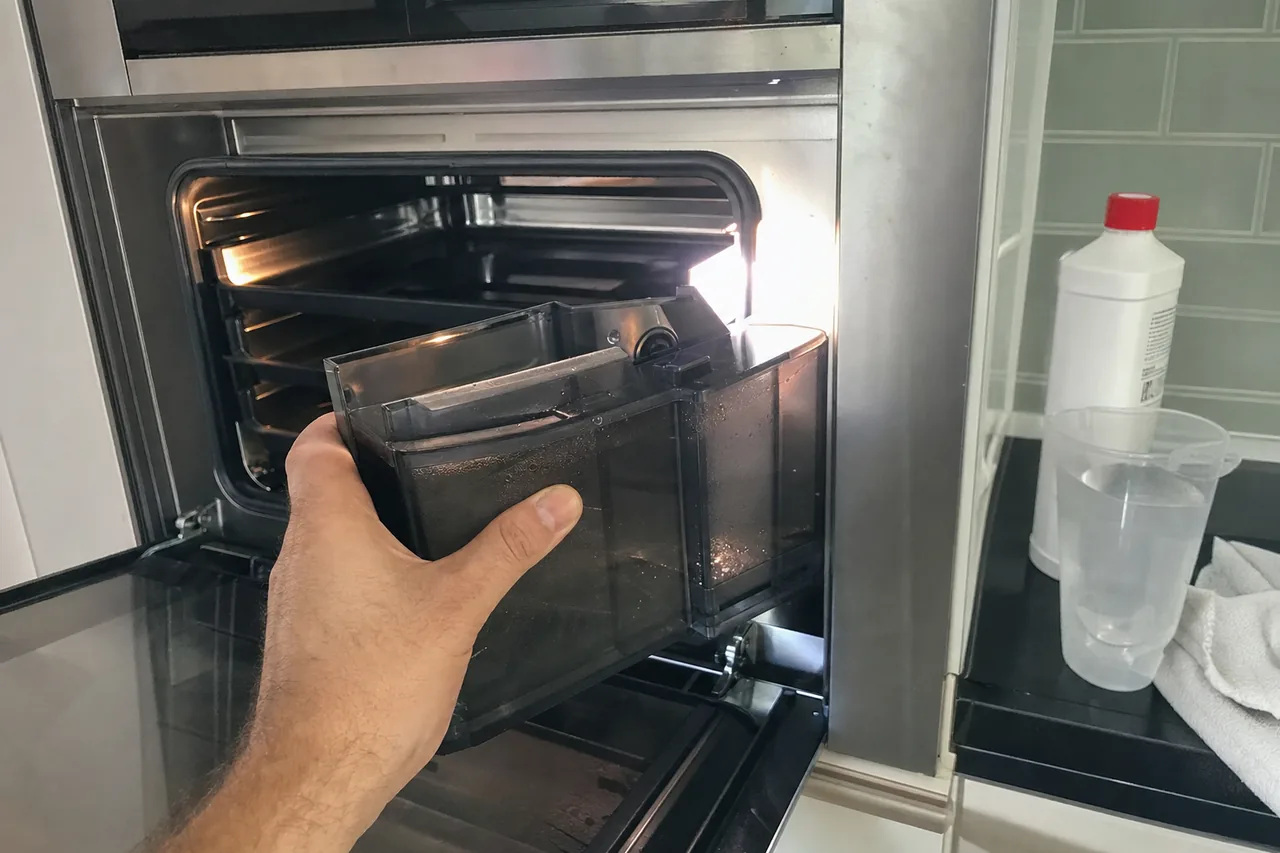 A hand lifting the water reservoir out of a built-in steam oven, descaling supplies standing on the counter alongside