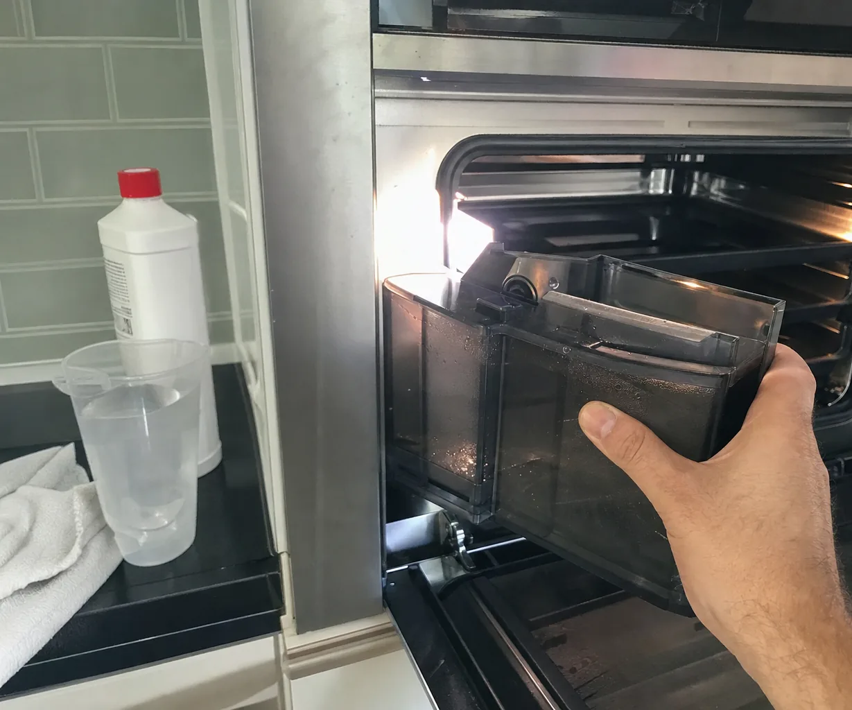 A hand steadying the water tank of a built-in steam oven with the cavity lit behind it