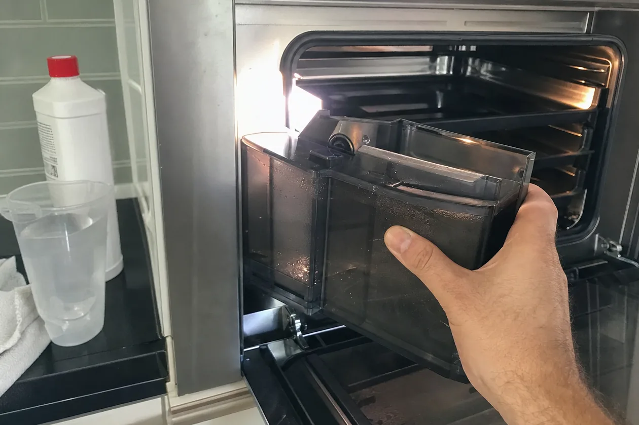 The lit interior of a built-in oven with its water reservoir withdrawn and held in front of the cavity