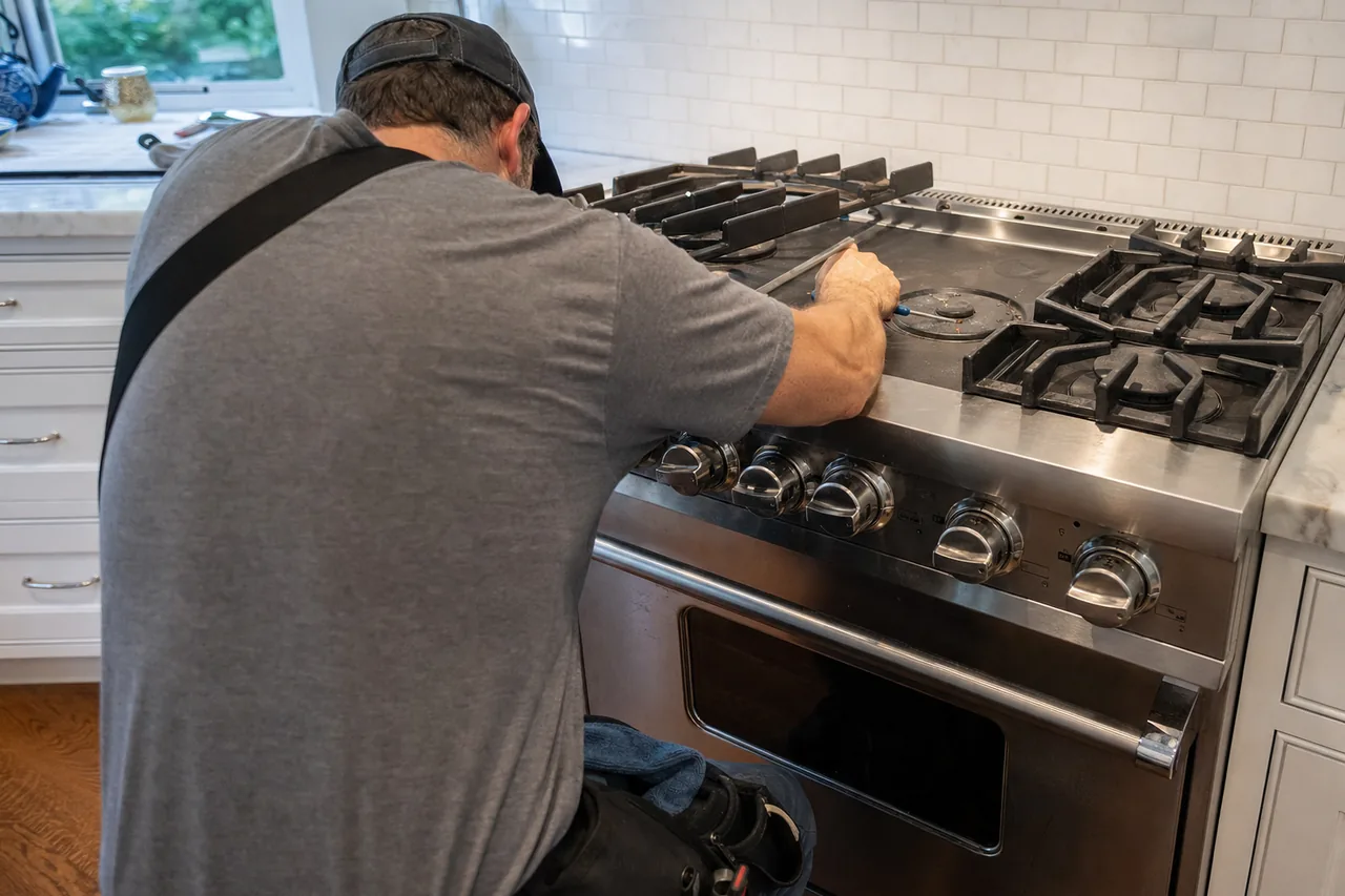 A technician working at the cooktop of a stainless professional gas range with heavy cast-iron grates, subway tile behind