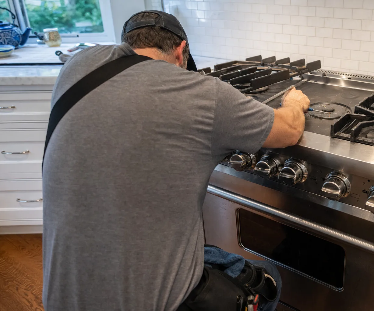 Cast-iron grates and open burner heads on a stainless range with a hand resting on the cooking surface
