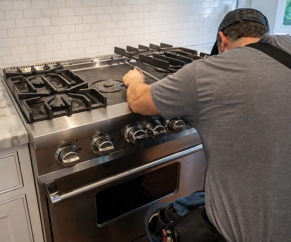 The control-knob rail and burner deck of a stainless range photographed from the side during a service visit