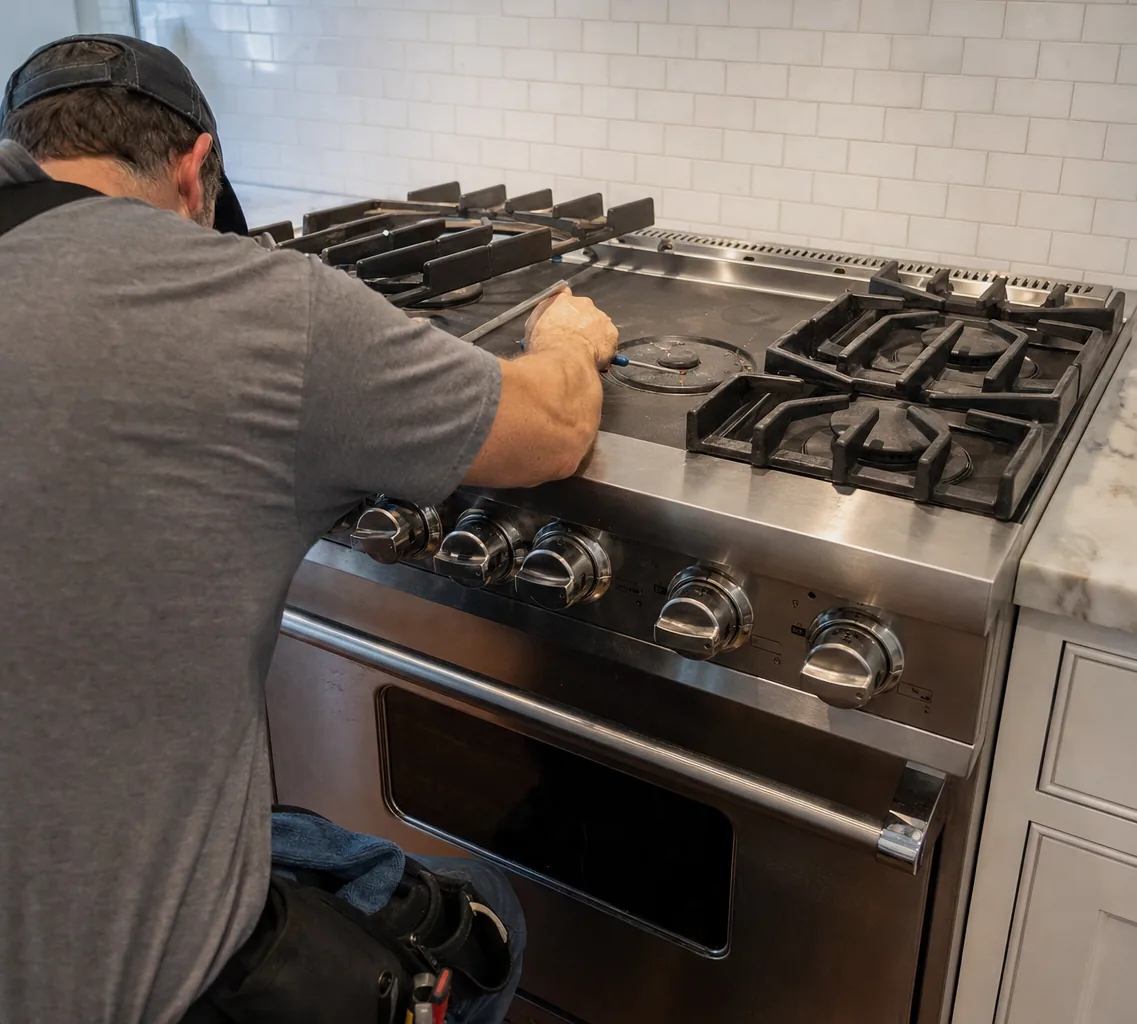 A stainless cooking surface photographed across the counter with the technician reaching in from the left