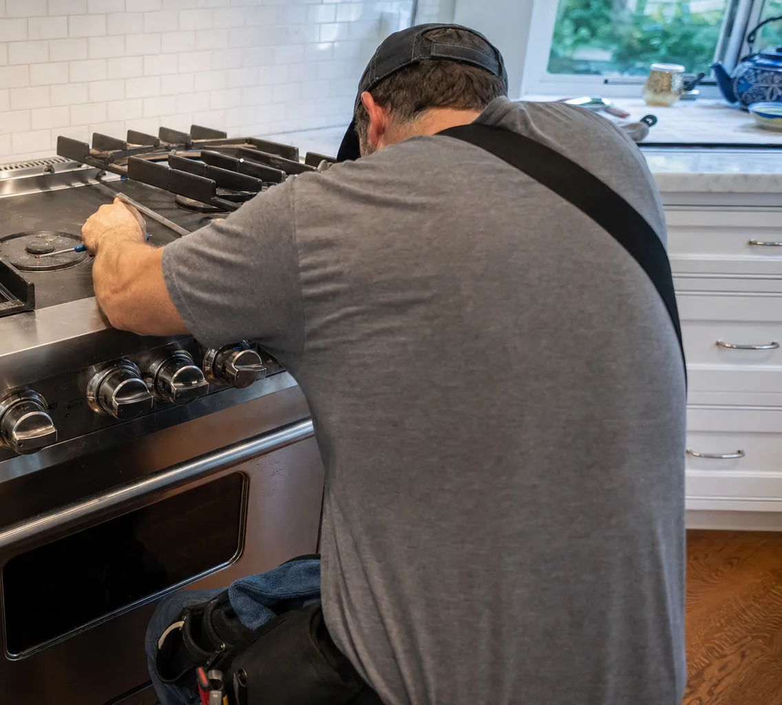A stainless range and its knob rail seen close, a hand at the burner and daylight from a window to the left