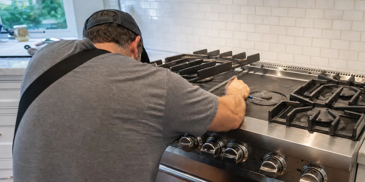 A wide view of a working kitchen mid-visit: stainless range, grates lifted, technician at the cooking surface