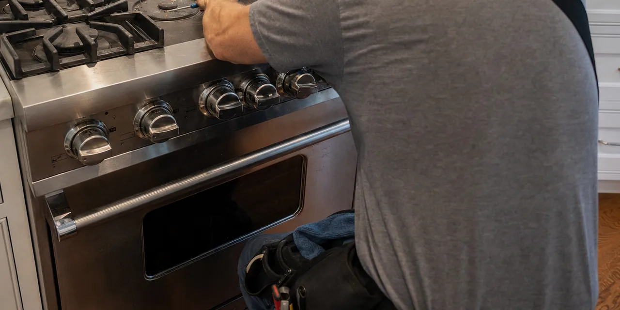 A stainless professional range in a bright kitchen with a service visit under way at the cooktop